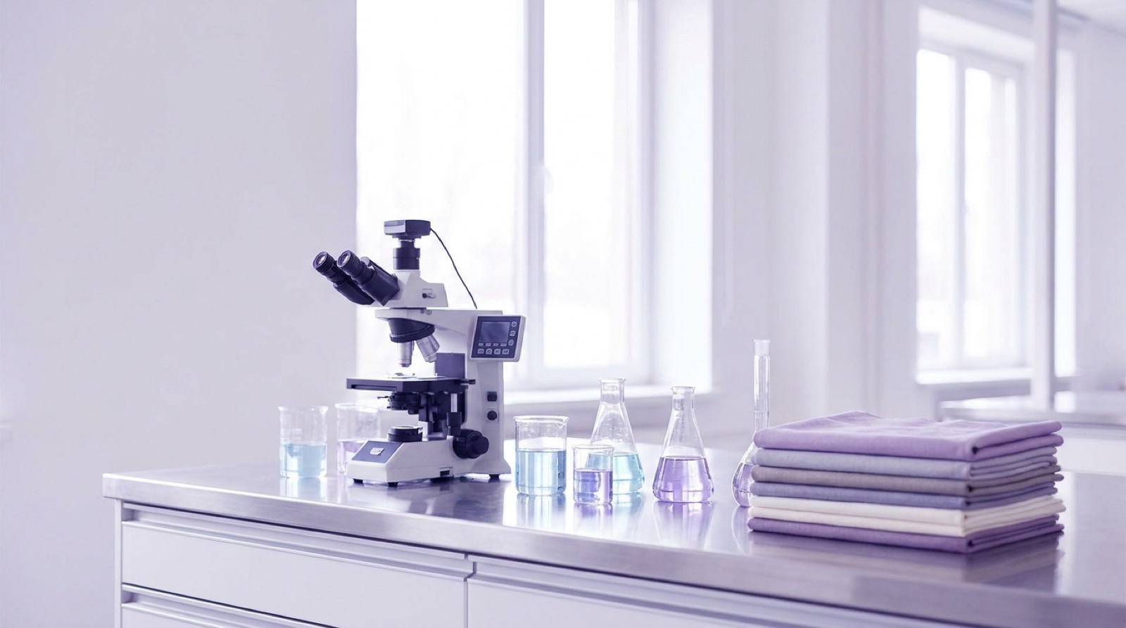Textile testing laboratory bench with microscope, glassware, and fabric swatches