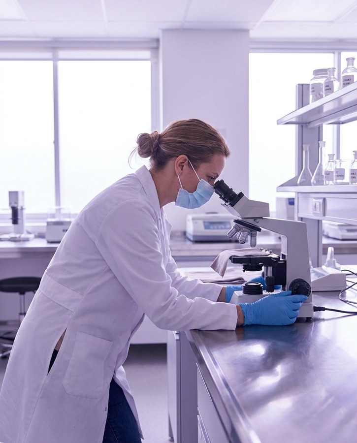 Technician examining a fabric specimen under a microscope